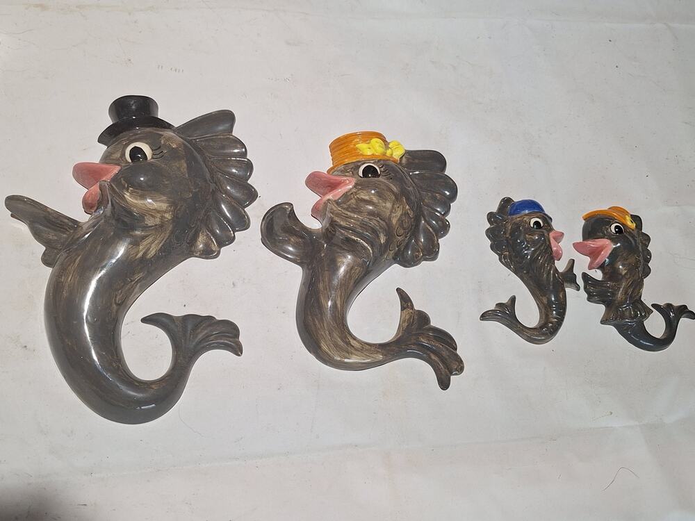 Vintage 1980 Arnel's Anthropomorphic Fish Wall Plaques Family Set of 4 Ceramic